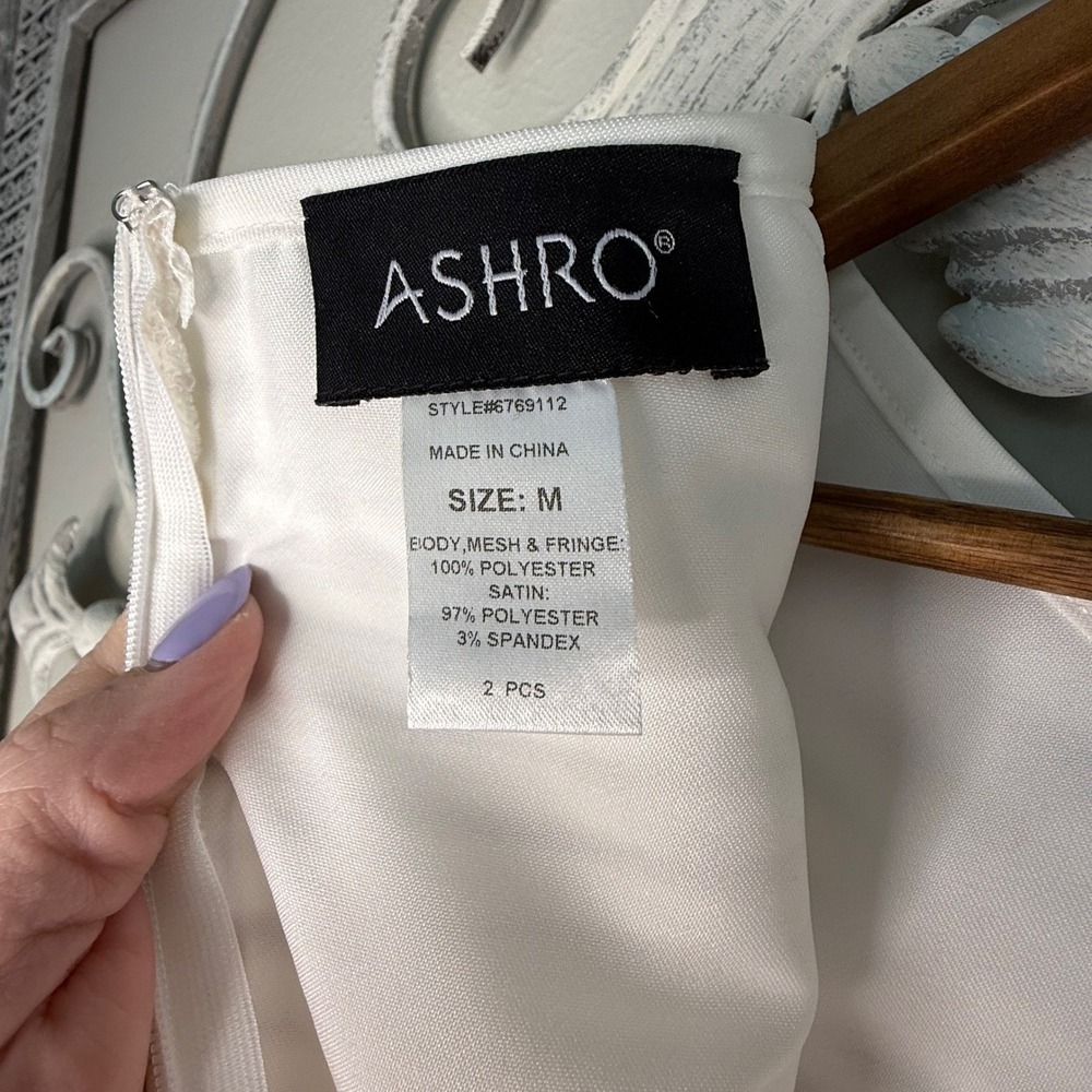Ashro White Fringe 2 Piece Pant Set Mesh Top Wide Leg Pants Style Womens Size M - Picture 15 of 16